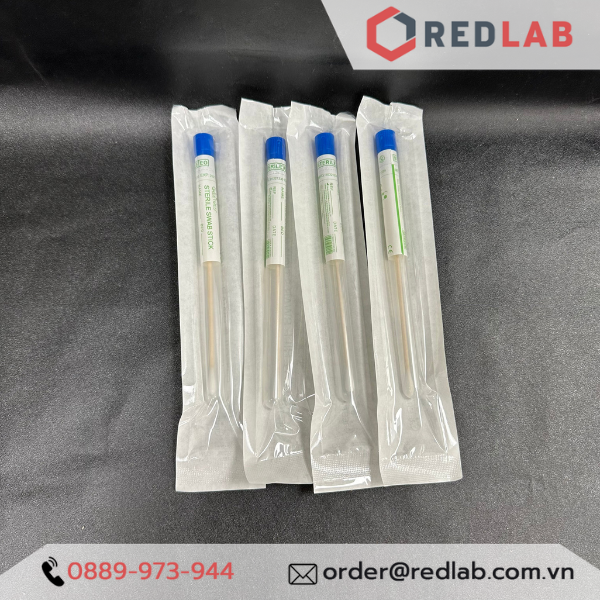 Que gòn lấy mẫu xét nghiệm GREETMED 16cm cán gỗ, tiệt trùng từng ống nhựa, đóng vỉ giấy, disposable swab test, có VAT