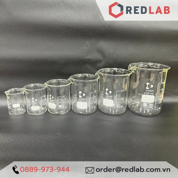 Cốc đốt thủy tinh thấp thành DURAN Class A 50 100 150 250 400 600 800 ml, 1 2 3 5 L, beaker có mỏ chịu nhiệt, có VAT