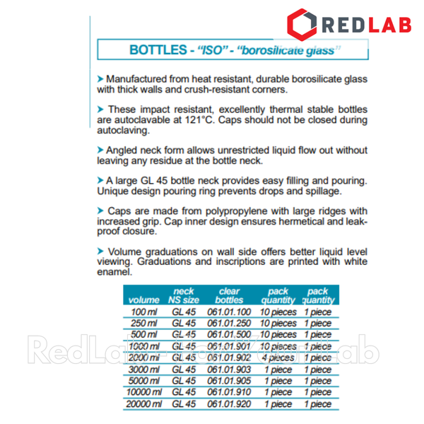 Chai trung tính trắng ISOLAB 100 250 500 1000 ml 2 3 5 10 L nắp vặn PP xanh GL45, thủy tinh borosilicate, có VAT