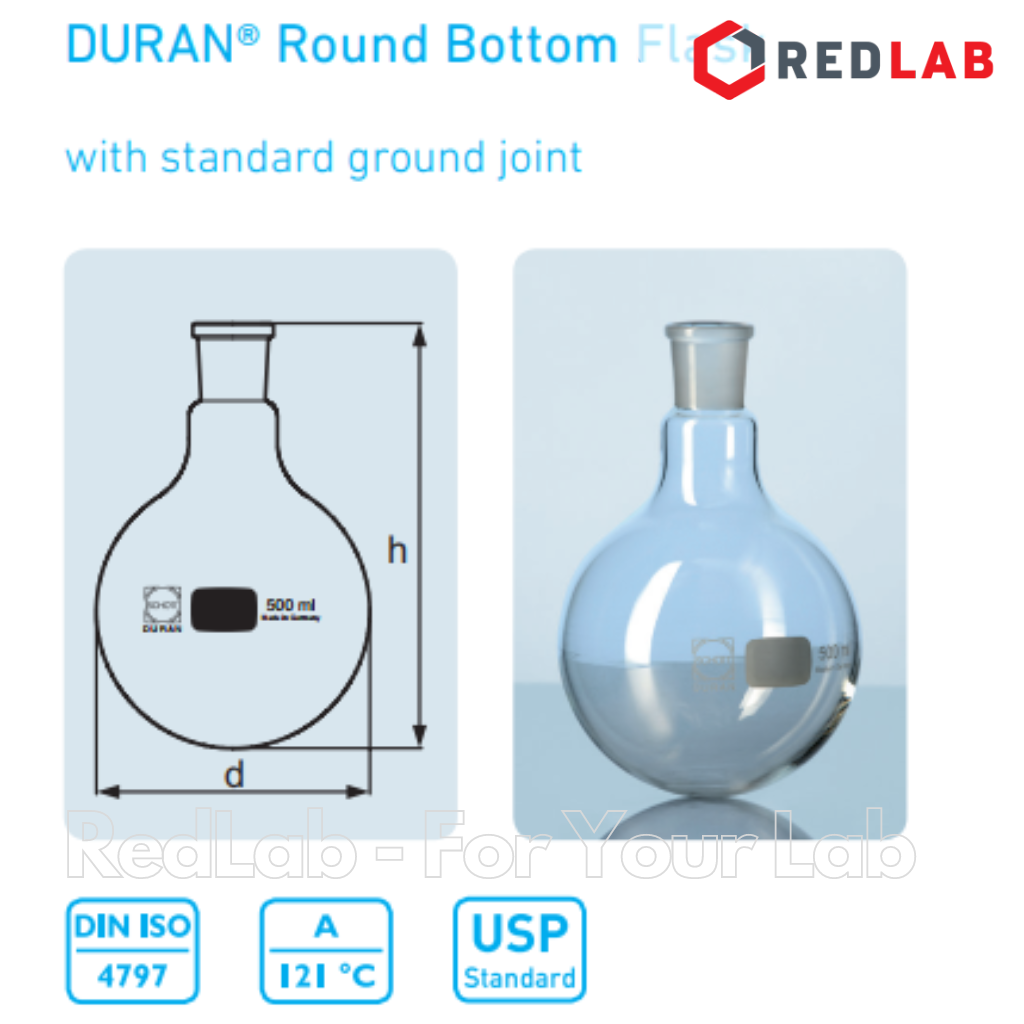Bình cầu thủy tinh đáy tròn cổ nhám DURAN Class A 50 100 250 500 1000 2000 ml – 19/26 24/29 29/32, có VAT
