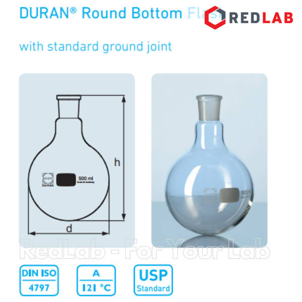 Bình cầu thủy tinh đáy tròn cổ nhám DURAN Class A 50 100 250 500 1000 2000 ml - 19/26 24/29 29/32, có VAT