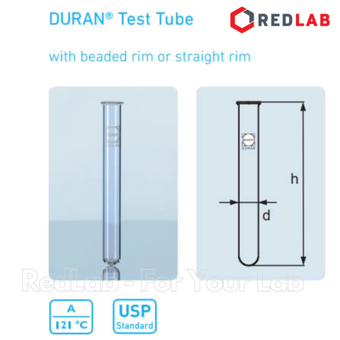 Ống nghiệm có vành (in logo) DURAN 12x100 13x100 16x130 16x160 18x180 20x150 mm, thủy tinh soda-lime, có VAT