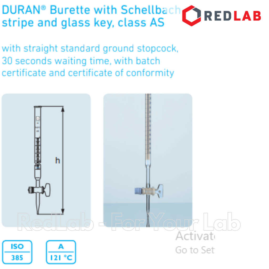 Buret trắng khóa thủy tinh DURAN Class AS 10 25 50 100 ml, dùng trong thí nghiệm chuẩn độ, có VAT