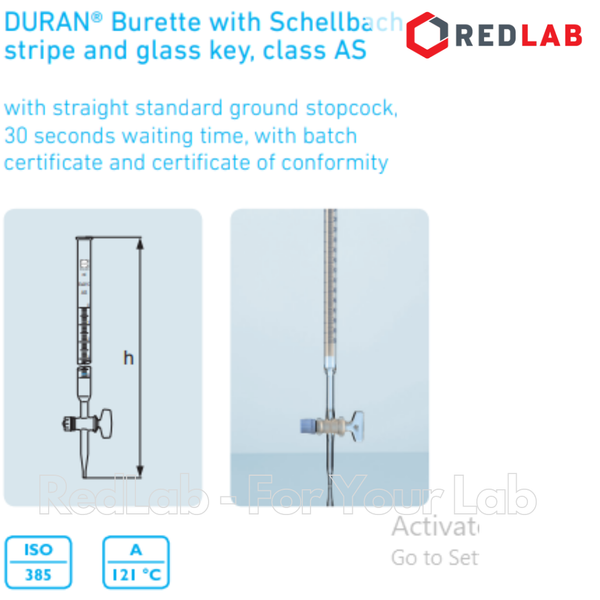 Buret trắng khóa thủy tinh DURAN Class AS 10 25 50 100 ml, dùng trong thí nghiệm chuẩn độ, có VAT