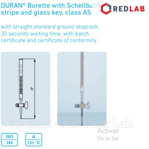 Buret trắng khóa thủy tinh DURAN Class AS 10 25 50 100 ml, dùng trong thí nghiệm chuẩn độ, có VAT