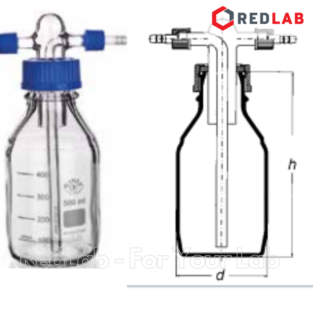 Bình rửa khí thuỷ tinh SIMAX 500ml nắp vặn GL45 có vòi, bottle gas washing, có VAT
