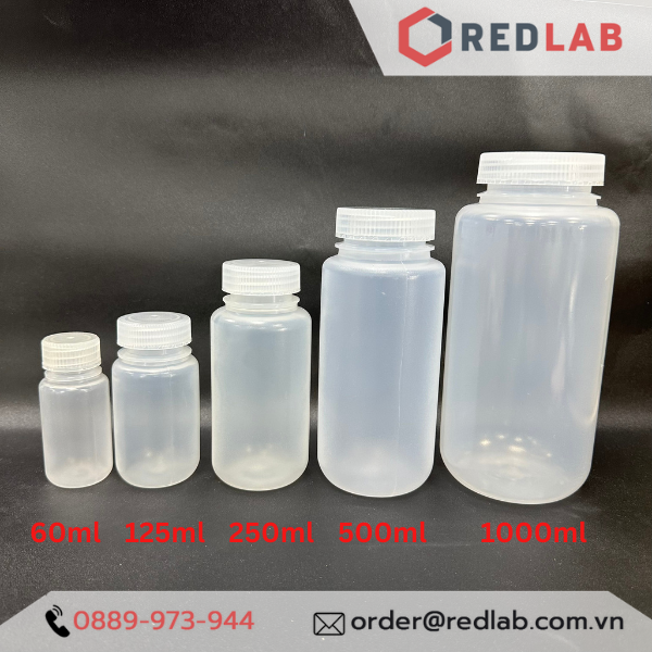 Chai nhựa PP trắng miệng rộng ONELAB 30 60 125 250 500 ml 1 2 L, chịu nhiệt tối đa 140°C, đựng mẫu thí nghiệm, có VAT