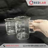  Cốc thuỷ tinh có tay cầm 250ml 500ml BIOHALL Germany - beaker có quai, chia vạch trắng, có VAT 