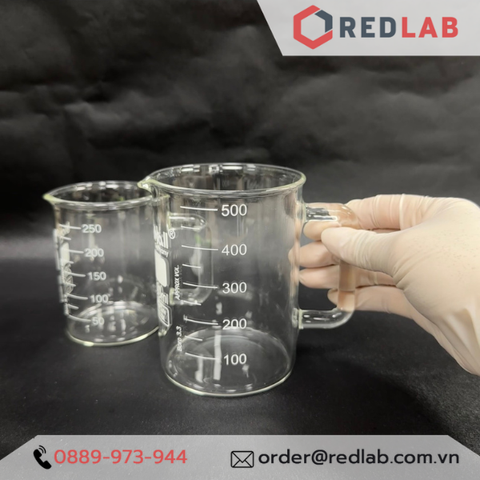 Cốc thuỷ tinh có tay cầm 250ml 500ml BIOHALL Germany - beaker có quai, chia vạch trắng, có VAT-Redlab
