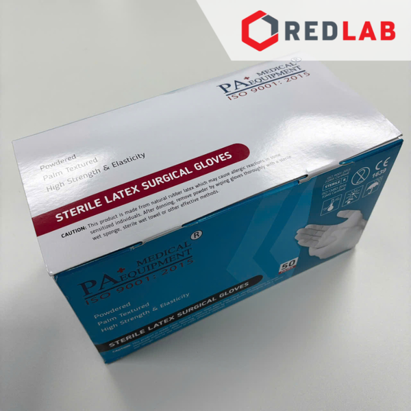 [Hộp 50 đôi] Găng tay cao su latex tiệt trùng có bột PA Gloves (Malaysia) size 6.5 7.0 7.5 8.0  dùng trong thí nghiệm, có VAT