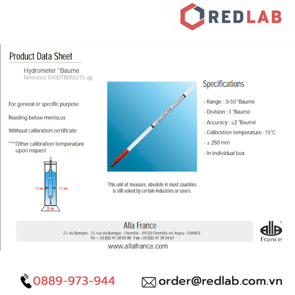 Baume kế 0-50 : 1°Bé Tp 15°C ALLA 0400TB050/15-QP baumé hydrometer, có VAT