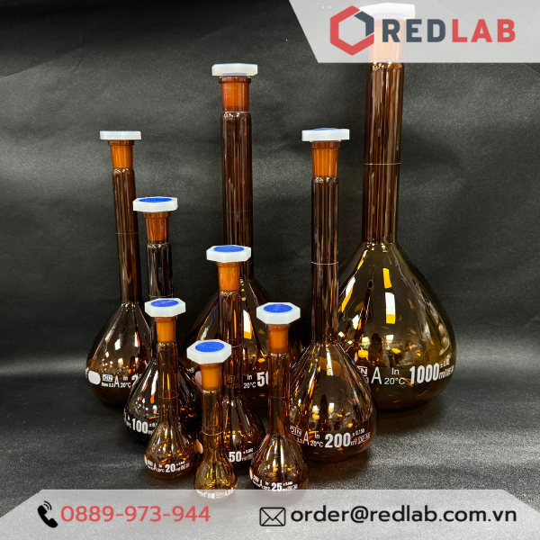 Bình định mức Nâu BIOHALL 1 2 5 10 20 25 50 100 200 250 500 ml 1L 2L 5L 10L, class A, nút nhựa, vạch sơn xanh, có VAT