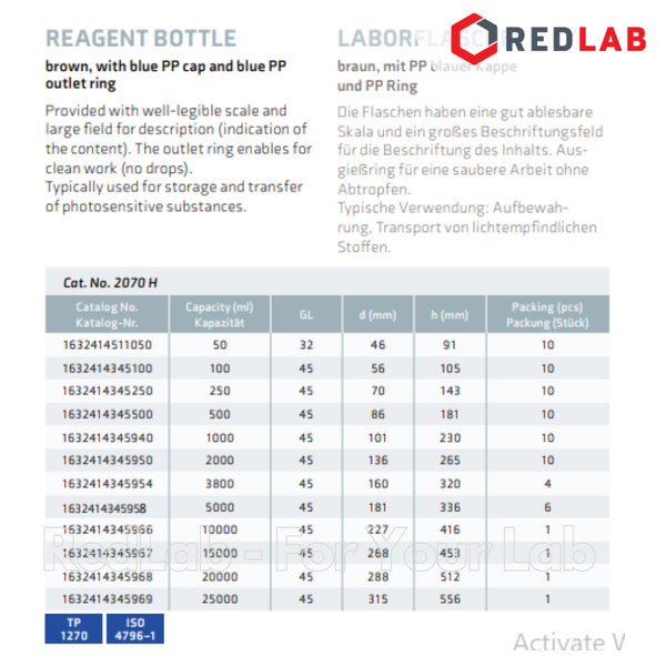 Chai trung tính Nâu SIMAX Class A 50 100 150 250 500 ml, 1 2 5 10 L nắp vặn PP xanh GL 32 45, có VAT