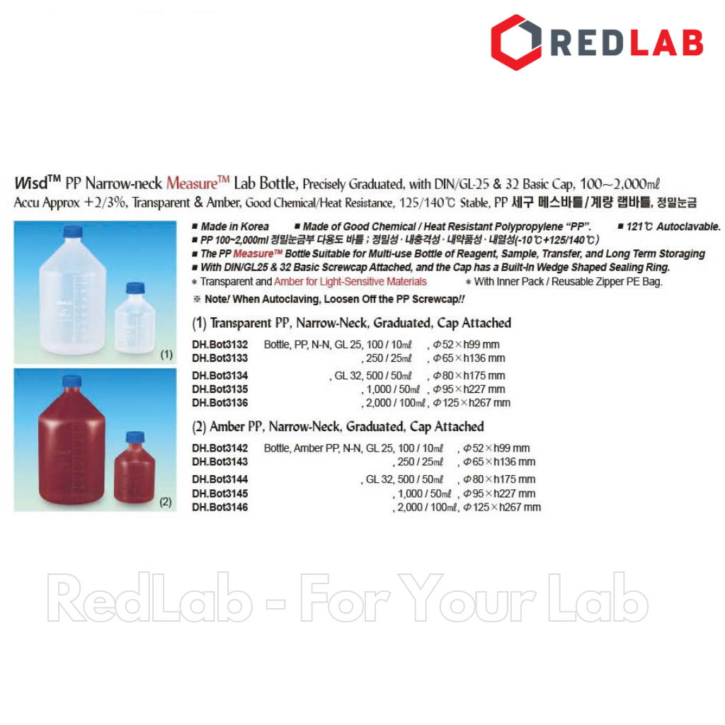 Chai nhựa PP nâu miệng hẹp WISD 100 250 500 1000 2000 ml – nắp vặn xanh GL32 GL 45, chịu nhiệt, vạch nổi, có VAT