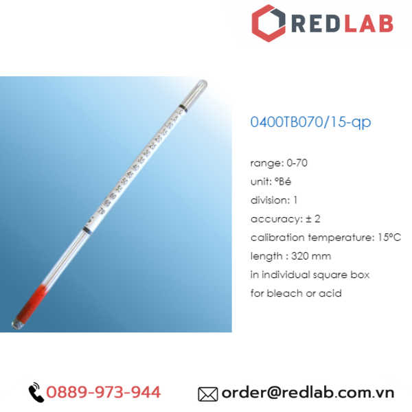 Baume kế 0-70 : 1°Bé Tp 15°C ALLA 0400TB070/15-QP baumé hydrometer, có VAT
