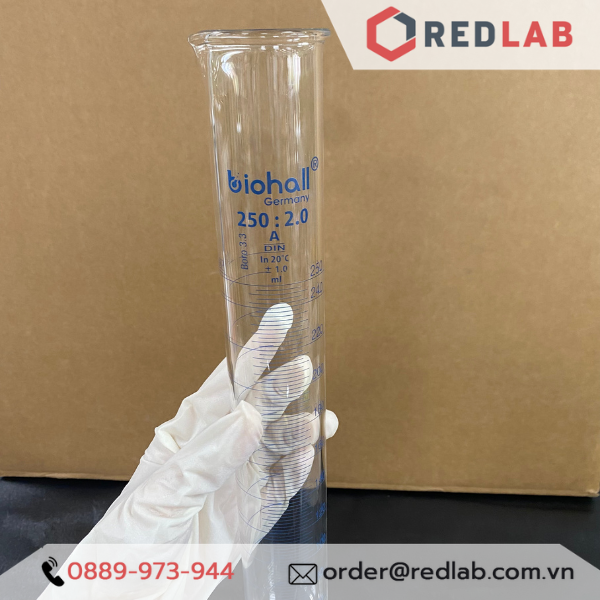 Ống đong thuỷ tinh BIOHALL 5 10 25 50 100 250 500 ML 1L 2L, Class A, đế lục giác, chia vạch xanh, có VAT