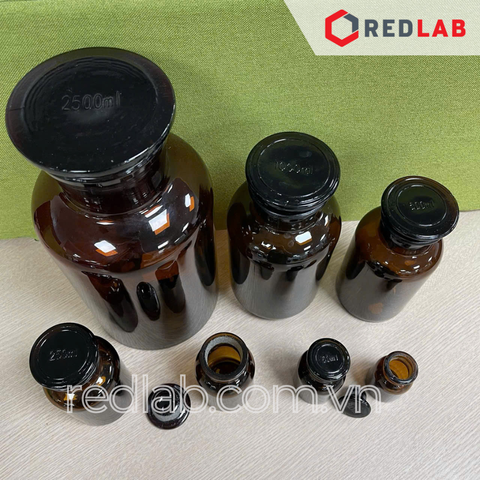 Chai nâu nút mài 30 60 125 250 500 1000 2500 ml 5L 10L miệng rộng MR / miệng hẹp MH, chai thuỷ tinh nâu nắp mài nhám dùng đựng mẫu thí nghiệm, có VAT - redlab