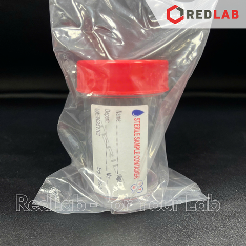 [Gói 100 cái] Lọ đựng mẫu nhựa PS 55ml Hồng Thiện Mỹ nắp vặn đỏ, có nhãn, dùng trong lab thí nghiệm, có VAT