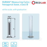 Ống đong thủy tinh DURAN Class B 10 25 50 100 250 500 1000 2000 ml, đế lục giác, vạch trắng, Measuring Cylinder, có VAT