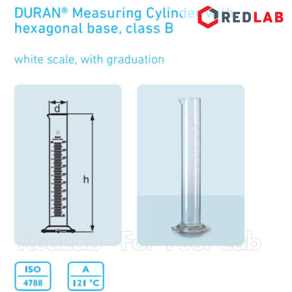 Ống đong thủy tinh DURAN Class B 10 25 50 100 250 500 1000 2000 ml, đế lục giác, vạch trắng, Measuring Cylinder, có VAT