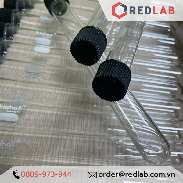 Ống nghiệm có nắp BIOHALL Ø 12 16 18 20 25 38 mm, thuỷ tinh boro 3.3 chịu nhiệt, nắp vặn nhựa PP đen, in logo, có VAT