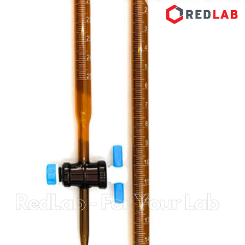 Buret thủy tinh Nâu khoá nhựa PTFE 10ml 25ml 50ml ONELAB, burette chia vạch nâu chuẩn độ hoá chất kị sáng, có VAT - redlab