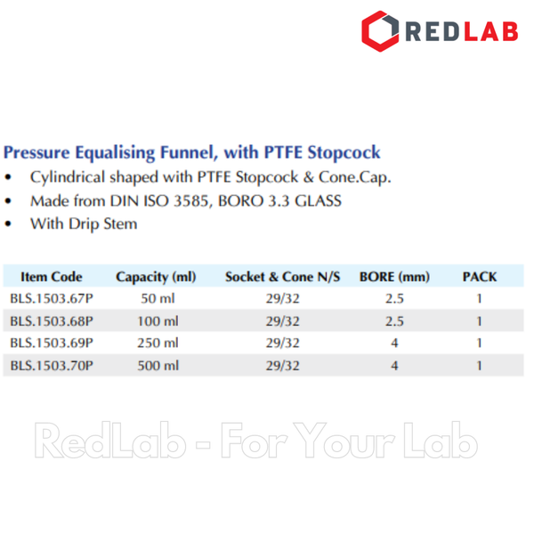 Bình lắng gạn hình trụ BIOHALL khóa nhựa PTFE 50 100 250 500 1000 ml - 2 đầu nhám 29/32, thủy tinh boro 3.3, có VAT