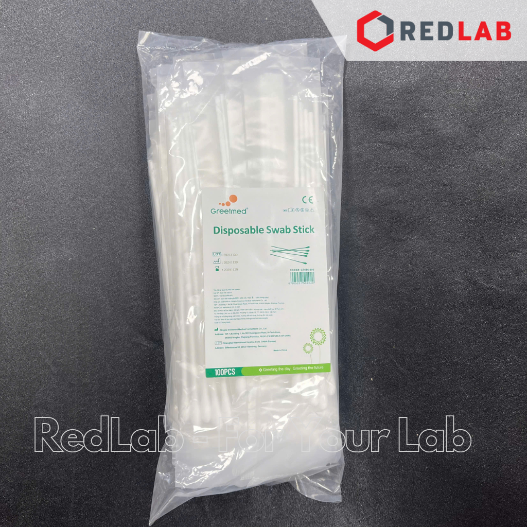 Que gòn lấy mẫu xét nghiệm GREETMED 15cm cán nhựa, tiệt trùng mỗi 5 cái (gói 100 cái) cotton applicator, có VAT