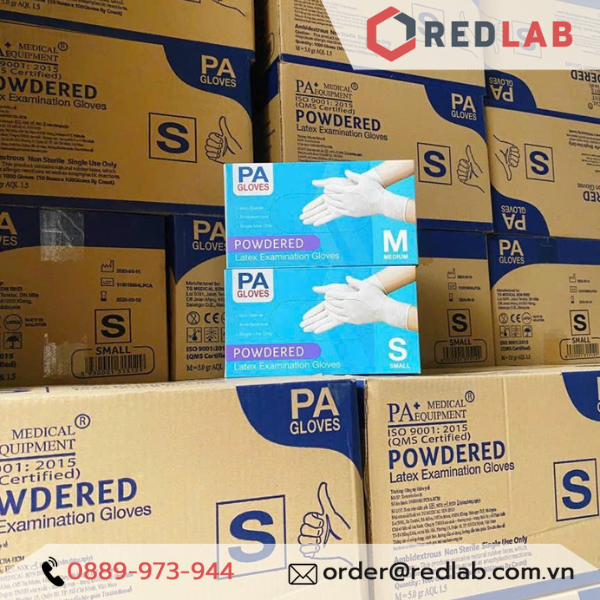 [Hộp 50 đôi] Găng tay cao su latex có bột PA Gloves (Malaysia) size S M L dùng trong thí nghiệm, có VAT