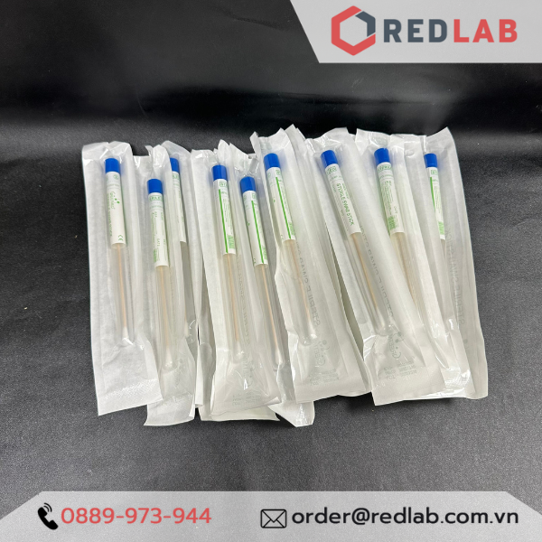 Que gòn lấy mẫu thí nghiệm GREETMED 16cm cán gỗ, tiệt trùng từng ống nhựa, đóng vỉ giấy, disposable swab test, có VAT