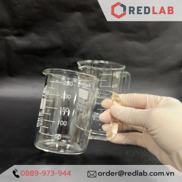 Cốc thuỷ tinh có tay cầm BIOHALL 250ml 500ml, chia vạch trắng, chịu nhiệt cao, có VAT