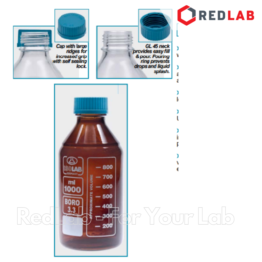 Chai trung tính nâu ISOLAB 100 250 500 1000 2000 ml nắp vặn PP xanh GL45, thủy tinh borosilicate, có VAT