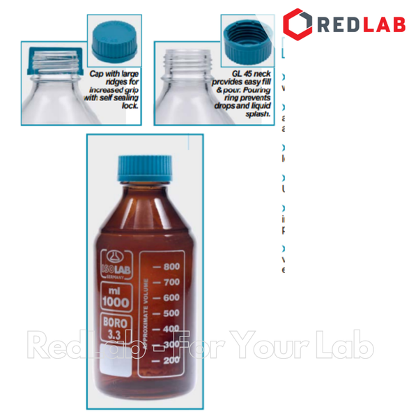 Chai trung tính nâu ISOLAB 100 250 500 1000 2000 ml nắp vặn PP xanh GL45, thủy tinh borosilicate, có VAT