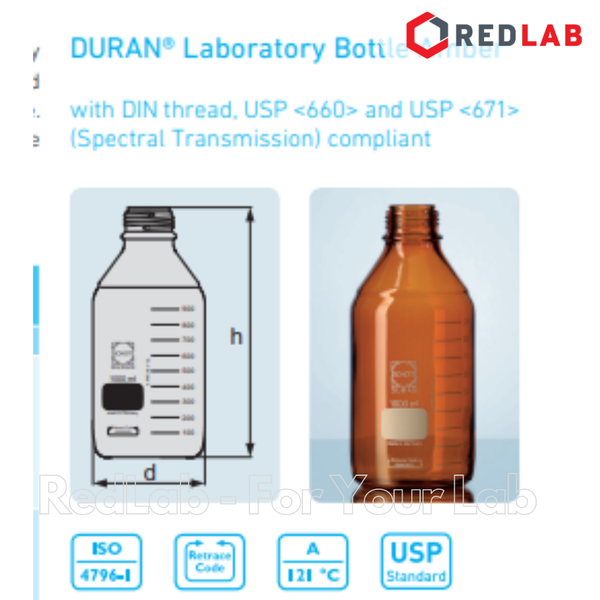 Chai trung tính Nâu DURAN Class A 25 50 100 150 250 500 750 ml, 1 2 3.5 5 L nắp vặn PP xanh GL 25 32 45, có VAT