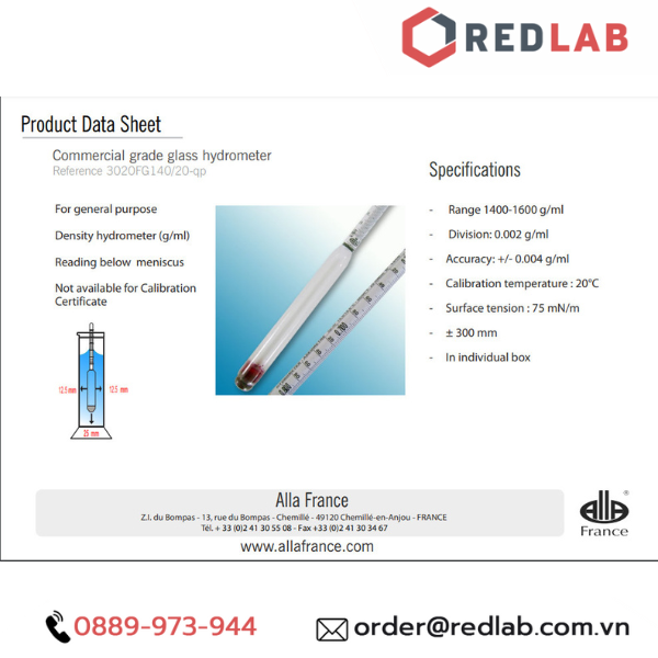 Tỷ trọng kế 1.400-1.600 : 0.002 g/ml Tp 20°C ALLA 3020FG140/20-QP hydrometer, có VAT