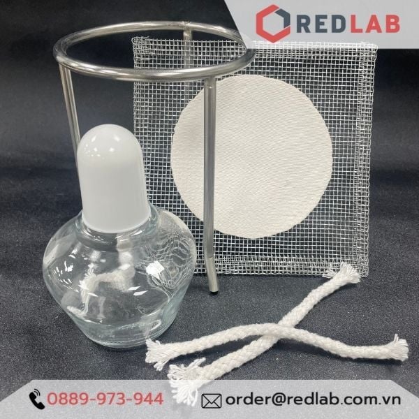 Bộ đun thí nghiệm, gồm kiềng 3 chân inox, lưới nung amiăng, đèn cồn, tim đèn dự phòng