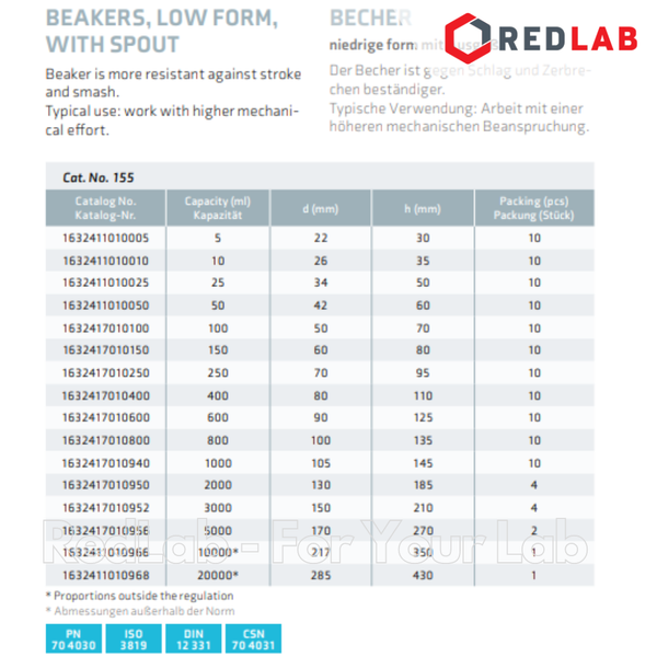 Cốc đốt thủy tinh thấp thành SIMAX Class A 25 50 100 150 250 400 600 800 ml, 1 2 3 5 10 20 L, beaker có mỏ chịu nhiệt, có VAT