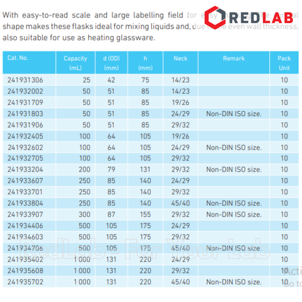 Bình tam giác cổ nhám 24/29 29/32 DURAN Class A 100 250 500 1000 ml, chưa gồm nút, Erlenmeyer with Joint, có VAT
