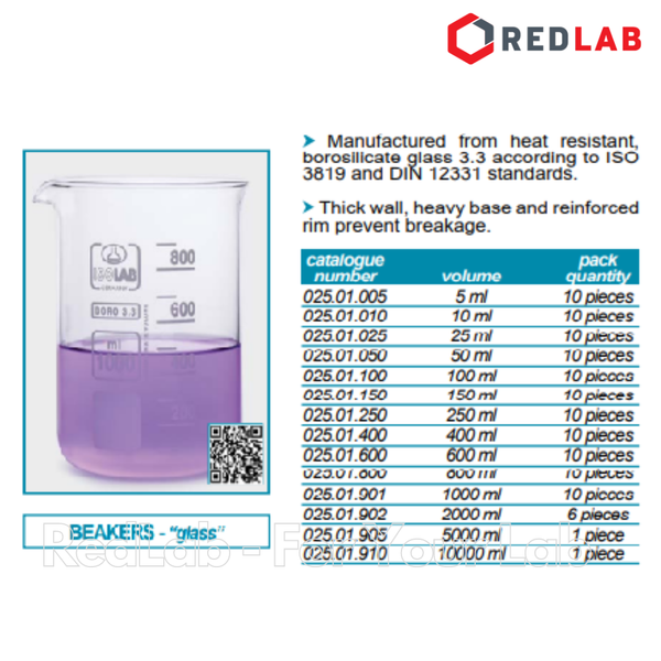 Cốc thủy tinh thấp thành ISOLAB 10 25 50 100 150 250 400 600 ml 1L 2L 5L, beaker - cốc đốt chịu nhiệt boro 3.3, có VAT