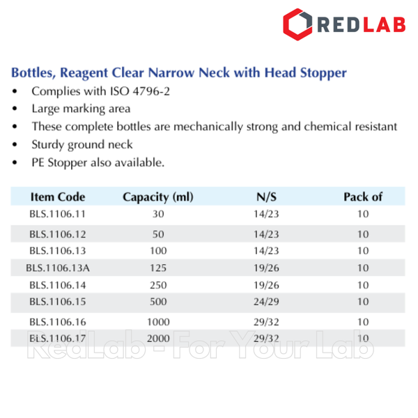 Chai trắng miệng hẹp nút nhám BIOHALL 30 60 100 125 250 500 ml 1L 2L 5L 10L 20L - 14/23 19/26 24/29 29/32 34/35, có VAT