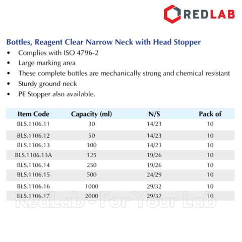 Chai trắng miệng hẹp nút nhám BIOHALL 30 60 100 125 250 500 ml 1L 2L 5L 10L 20L - 14/23 19/26 24/29 29/32 34/35, có VAT