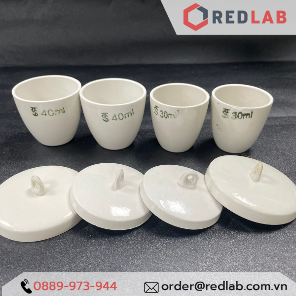 Chén nung sứ có nắp ONELAB Ø 30 40 50 100 200 300 ml, chịu nhiệt, dùng nung đốt mẫu thí nghiệm, có VAT