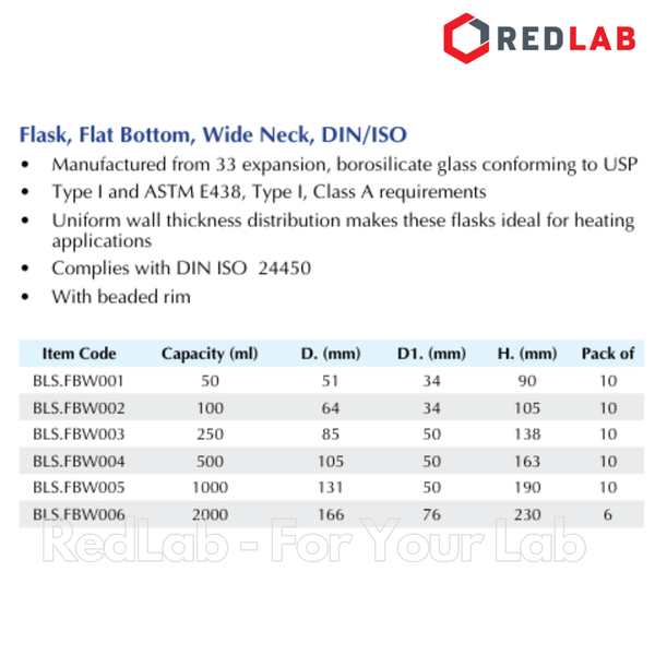 Bình cầu đáy bằng cổ trơn BIOHALL 50 100 250 500 ml 1L 2L 3L 5L 10L 20L, mark trắng, có VAT