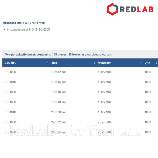 Lamen phiến kính MARIENFELD Đức cover glass 15x15 18x18 20x20 22x22 24x24 22x40 24x40 24x50 24x60 mm (hộp 100 cái) có VAT