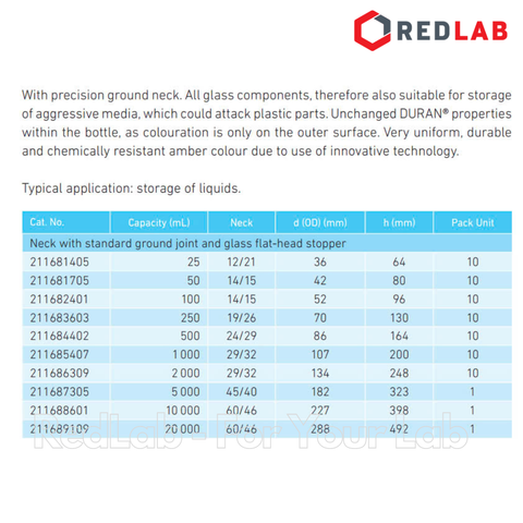 Chai nâu cổ hẹp nút mài thủy tinh DURAN 50 100 250 500 1000 200 ml - nhám 14/15 19/26 24/29 29/32, có VAT