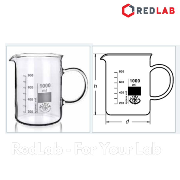 Cốc thuỷ tinh có tay cầm SIMAX 250 400 600 1000 ml, cốc đốt có quai có mỏ, chia vạch trắng, có VAT