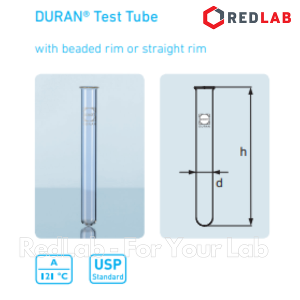 Ống nghiệm không vành (in logo) DURAN 12x100 16x130 16x160 18x180 20x150 20x180 25x150 mm, thủy tinh soda-lime, có VAT