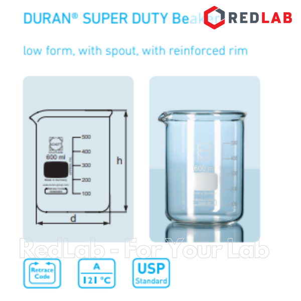 Cốc đốt thấp thành, thành miệng dày DURAN 150 250 400 600 1000 2000 ml, super duty beaker, có VAT