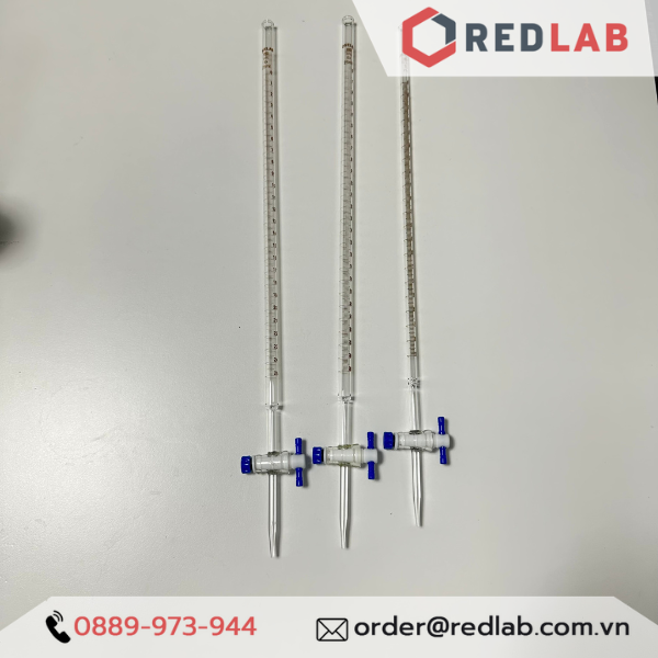 Buret trắng Eco khoá nhựa PTFE ONELAB10 25 50ml, burette thủy tinh chia vạch cho thí nghiệm chuẩn độ, có VAT