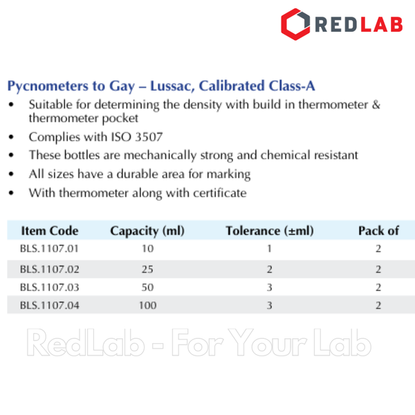 Bình đo tỷ trọng có nhiệt kế BIOHALL 10 25 50 100 ml class A, Pycnometer thuỷ tinh, có VAT